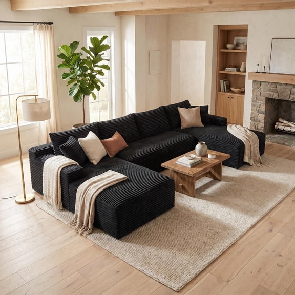 U-Shaped Sectional Sofa, 132.1" Modular 6 Seat Cloud Couch in Black Corduroy Fabric, Zero-Leg Full Base Design with 2 Throw Pillows for Living Room Lounging and Family Gatherings