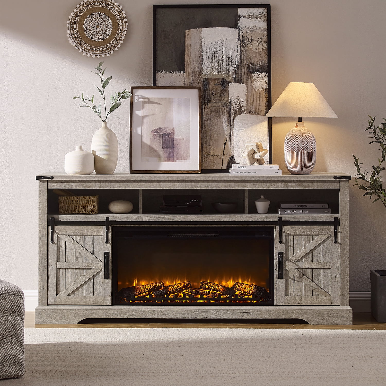 KeyWhat Farmhouse Fireplace TV Stand for TVs up to 80", 37" Electric Fireplace & Barn Door