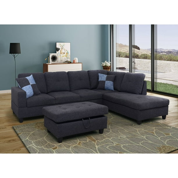 For U Furnishing Dark Gray Linen, Sectional Sofa Right Facing Chaise