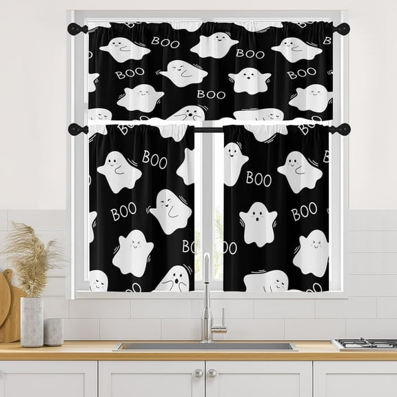 Halloween Cute Ghost Kitchen Curtains with Valance and Tier Sets 36 Inch, 3 Pieces Funny Horror Rod Pocket Drapes Window Treatment Curtains for Kitchen Over Sink Dining Room Decor