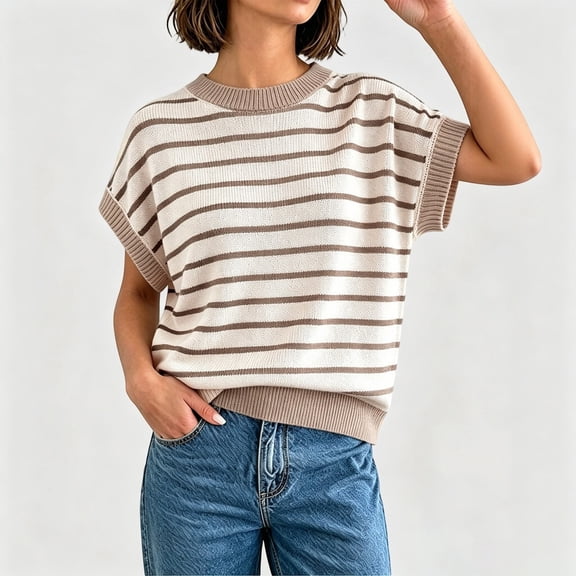 Sweaters for Women Trendy Stripe Cap Sleeve Crew Neck Loose Knit Vest French Slouchy Style Casual Versatile Basic Pullover Beige L