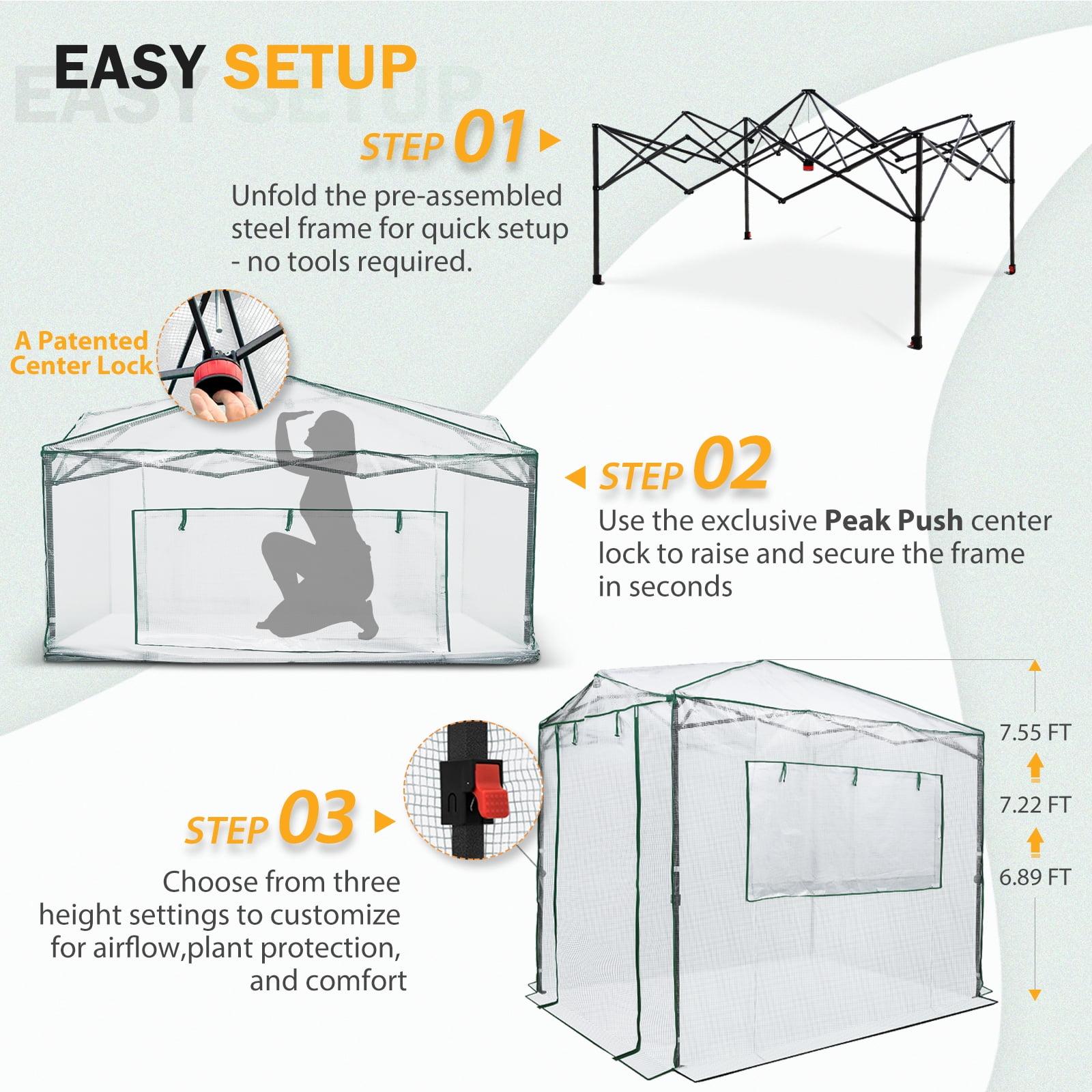 EAGLE PEAK 8x6 Portable Walk-in Greenhouse Instant Pop-up Fast Setup Indoor Outdoor Plant Gardening Greenhouse Canopy, Front and Rear Roll-Up Zipper Entry Doors and 2 Large Roll-Up Side Windows