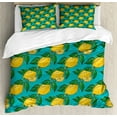 thumbnail image 1 of Vegan Duvet Cover Set King Size, Hand Drawn Abstract Pattern with Lemons on Blue Background Healthy Citrus, Decorative 3 Piece Bedding Set with 2 Pillow Shams, Teal Green Yellow, by Ambesonne, 1 of 3