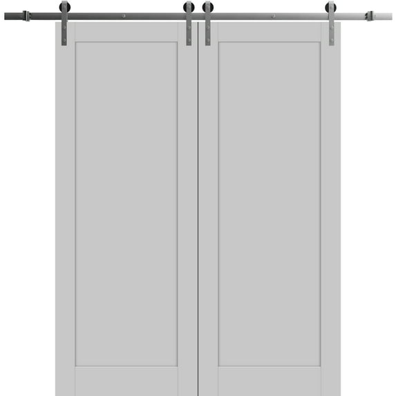 Sturdy Double Barn Door 84 x 96 inches | Quadro 4111 Matte Grey | Stainless Steel 14FT Rail Hangers Heavy Set | Solid Panel Interior Doors