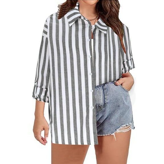 BSDJILFG Striped Shirts for Women Plus Size T-Shirt Oversized Long Sleeve Button Up Shirt Regular Casual Shirt Top