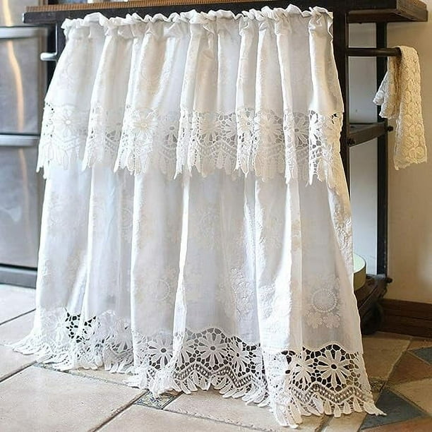 Zhuge Cortina de algodón con bordado floral bohemio para café, con cenefa adjunta, estilo rústico, con encaje, para cocina (59 x 33 pulgadas, color blanco)
