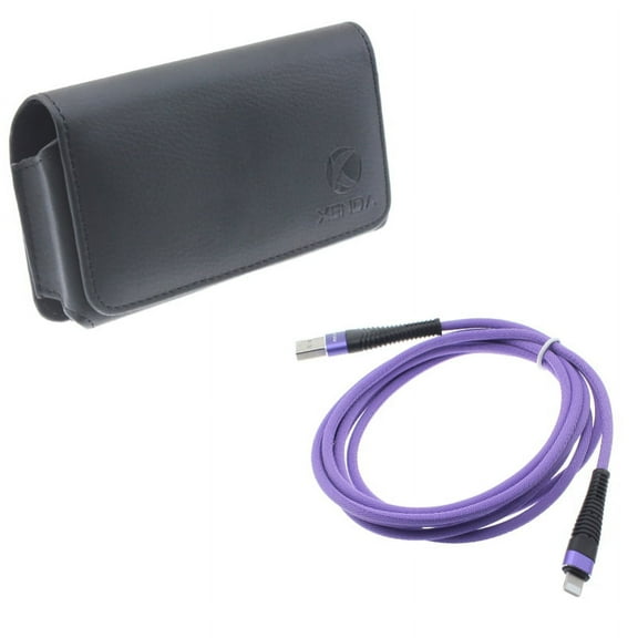 6ft USB Cable w Case Belt Clip for iPhone 8/7/6S/6 - Purple Charger Cord Power Wire Braided, Leather Swivel Holster Loops Cover for iPhone 8/7/6S/6 Models