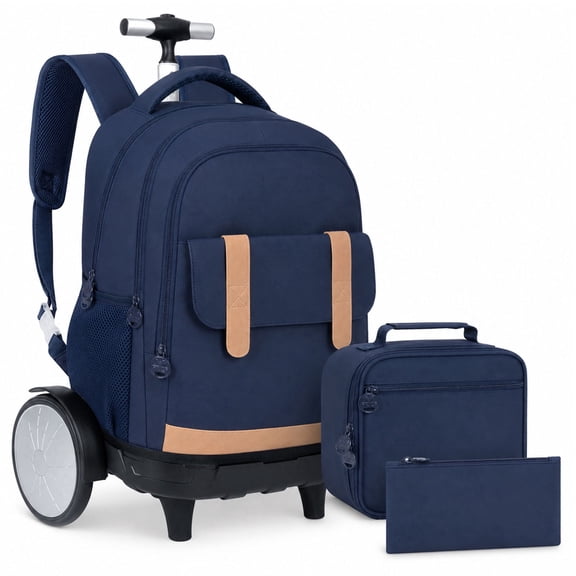 Rolling Backpack for Men & Women with Big Wheels - Water-Resistant Wheeled Bag for Travel, College & Business, 3-Pack (Blue)