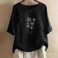 thumbnail image 2 of WREESH Womens Linen Shirts Loose Fashion Printed T-Shirt Short Sleeves Blouse Round Neck Casual Tops Black, 2 of 5