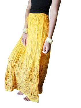 Mogul Women Yellow Maxi Skirt, Crinkled Printed with Lace Work , Beach Bohemian Long Skirt SM