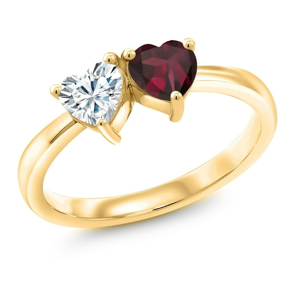 Gem Stone King 18K Yellow Gold Plated Silver Red Rhodolite Garnet and Moissanite Ring for Women (0.97 Cttw, Gemstone Birthstone, Size 5)