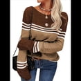 thumbnail image 3 of Suéteres de Otoño para Mujer, con Rayas y Bloques de Color, Cuello Redondo, Suéteres de Moda para Invierno. Caqui L, 3 of 5