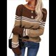 thumbnail image 3 of Suéteres de Otoño para Mujer, con Rayas y Bloques de Color, Cuello Redondo, Suéteres de Moda para Invierno. Caqui L, 3 of 5
