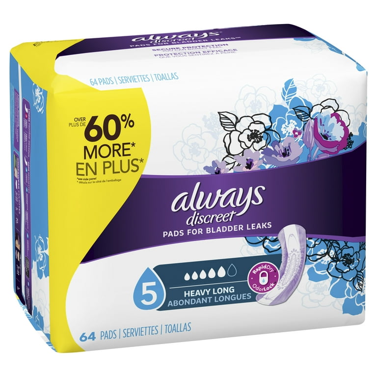 Always Discreet Incontinence Heavy Absorbency Pads for Women, Long Length,  64 ct 