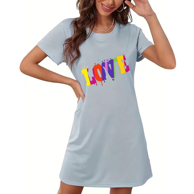 Camisón corto de mujer, vestido de largo medio con estampado de moda, camisón corto extragrande de mujer, camisón de manga corta con estampado de pecho a la moda, camisón de mujer