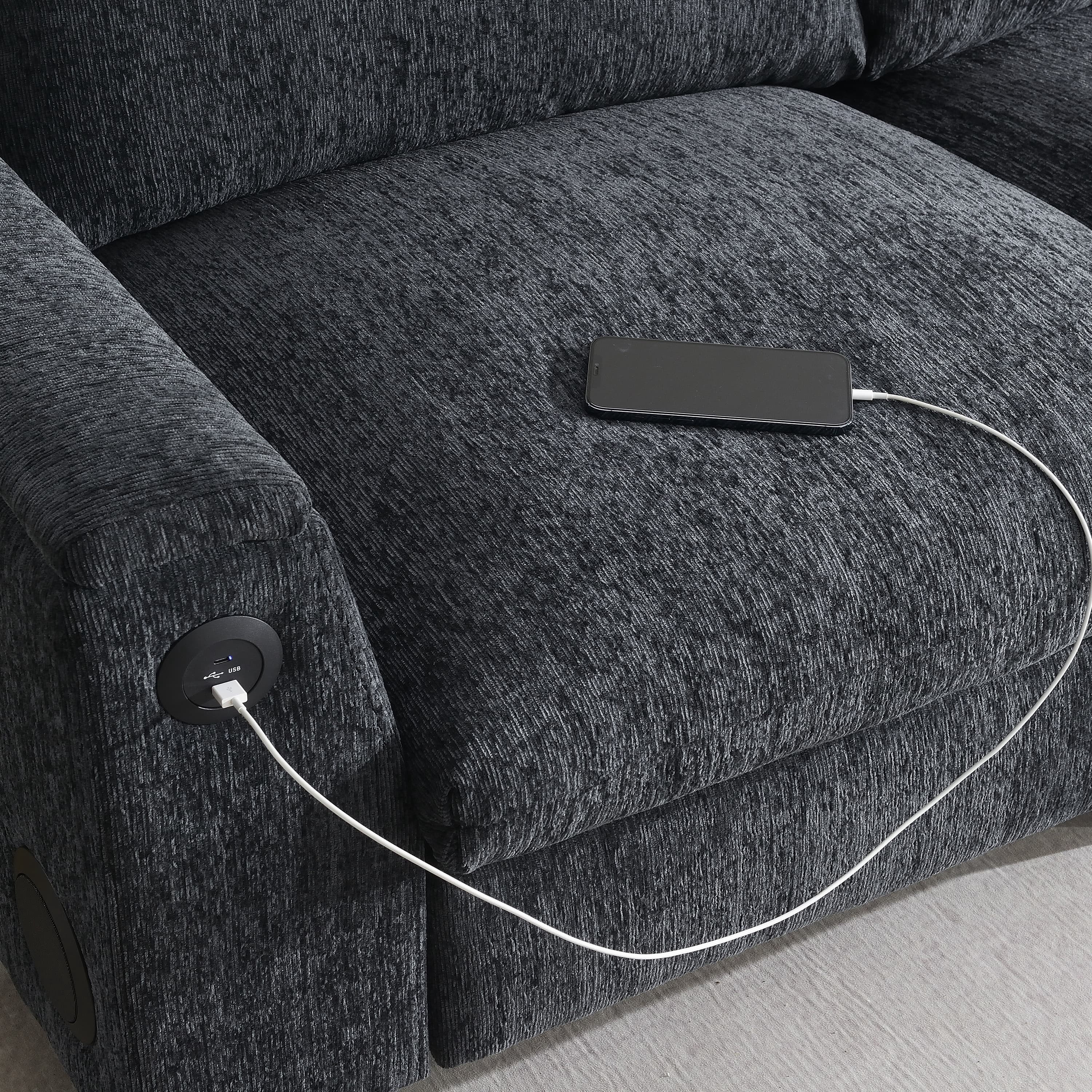 MAYEERTY 96x35" Chenille Sectional Sofa - Bluetooth Speaker, Drop Down Table/Cup Holders/USB/Storage, Wide Seat for Living Room/Apartment/Office, 3 Colors