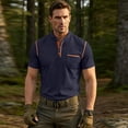 thumbnail image 5 of Henley Short Sleeve Shirt For Men Color Block Casual Contrast Trim Button Placket Tops Cotton Blend Knit Polo Shirt With Chest Pocket For Outdoor Sports And Daily Wear, 5 of 8