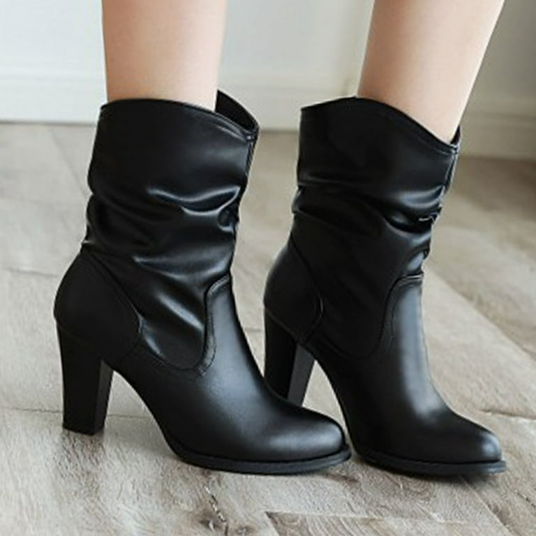 Mid calf top chunky heel boots