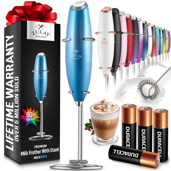Zulay Kitchen Milk Frother with Batteries 4pcs Duracell Included - Handheld Milk Frother Wand Drink Mixer for Coffee, Latte cappuccino, Tea, Hot Chocolate
