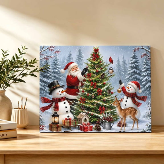 Woodland Christmas Canvas Wall Art, Santa Claus Christmas Tree Snowman Deer Wall Art Prints Artwork Framed Canvas Ready to Hang Art Pictures for Bathroom Bedroom Entry Desk Corner 10" x 8"