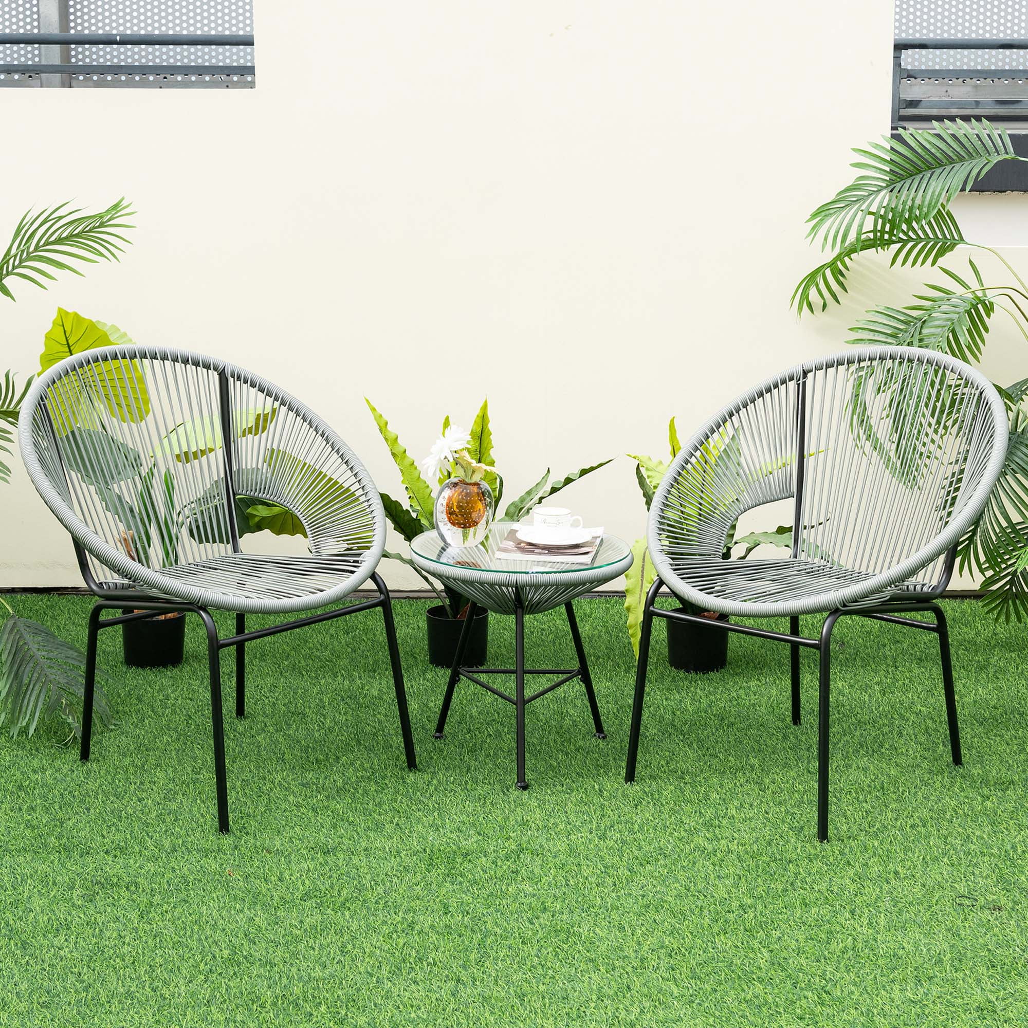 Costway 3PCS Patio Acapulco Furniture Bistro Set Plastic Rope Glass Table Grey