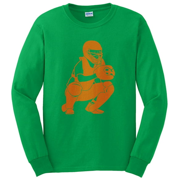 Big Size Baseball Catcher Graphic Design Men's Cotton Long Sleeve T-shirt - Irish Green XL