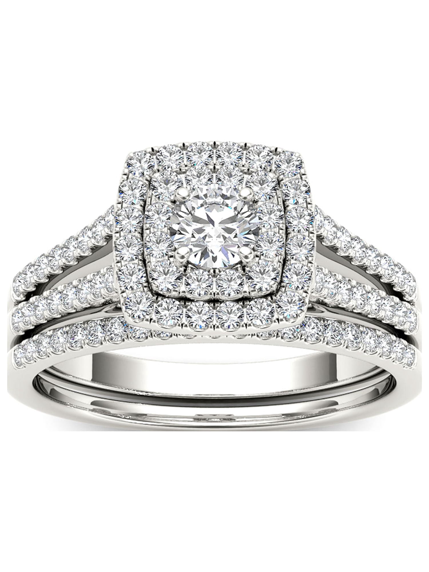 3/4Ct Diamond 10k White Gold Double Halo Engagement Ring Set