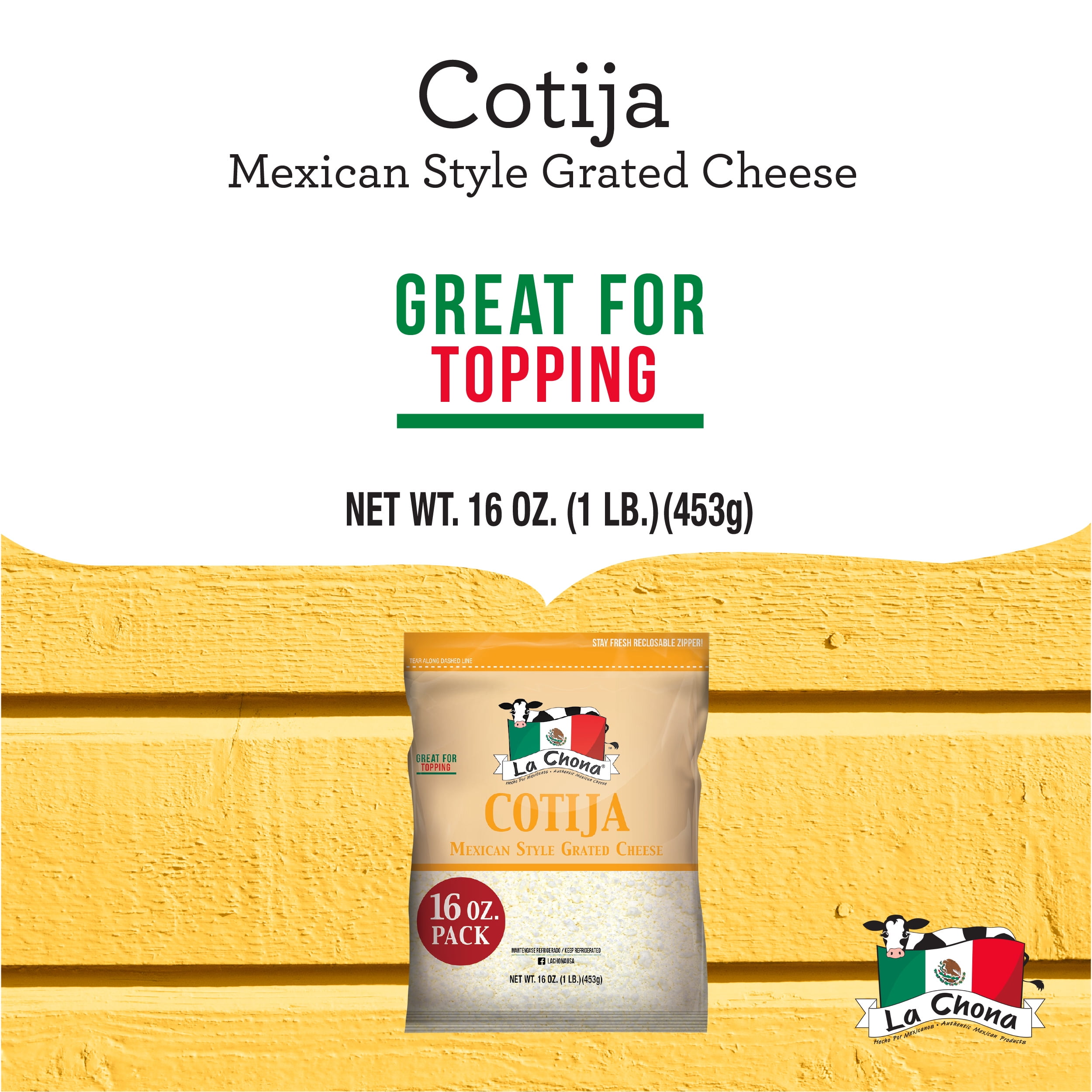 La Chona Cotija Mexican Style Grated Cheese 16 oz. Bag, Refrigerated.