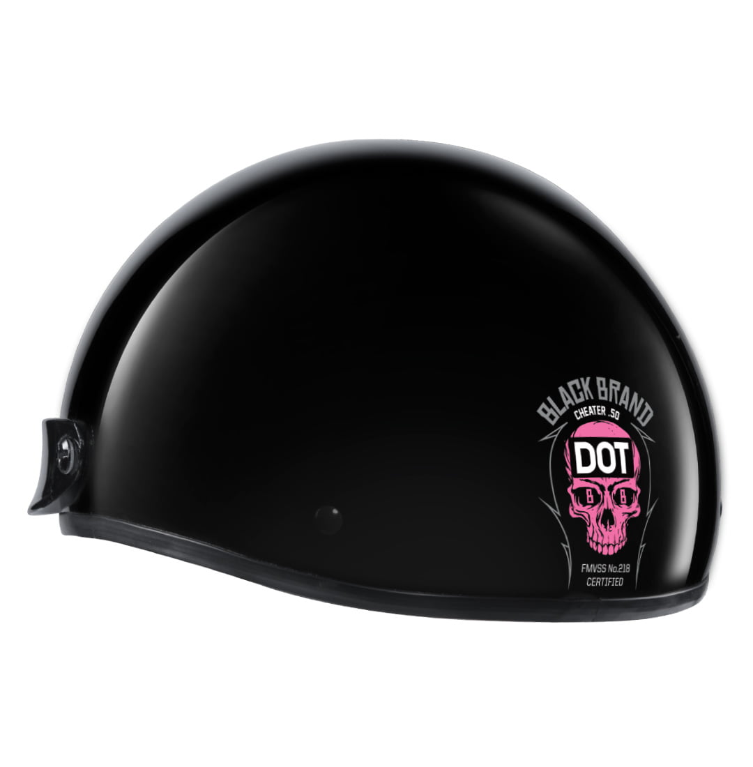 Black Brand Cheater .50 Motorcycle Half Helmet Matte Black w/ Pink Logo 