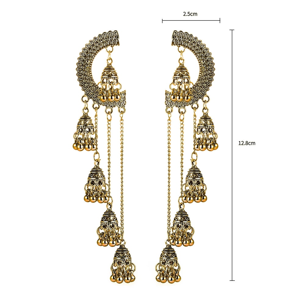 Gold Multiple Jhumki Bell Beaded Long Chain Tassel Dangle Earrings for Women Bohemian Indian Chandelier Drop Half Circle Earring