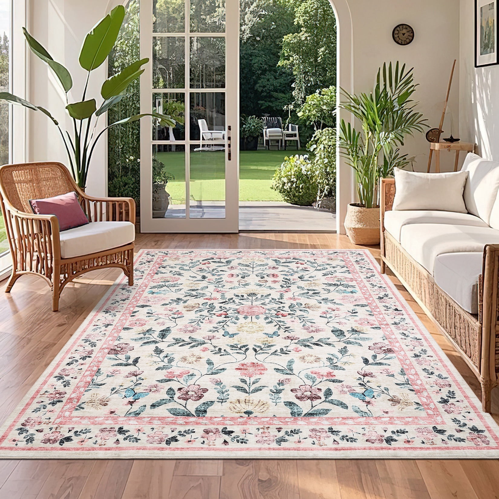 Hasoo Washable Living Room Area Rug 10x13 Large Modern Floral Soft Non Slip Indoor Pink Carpet