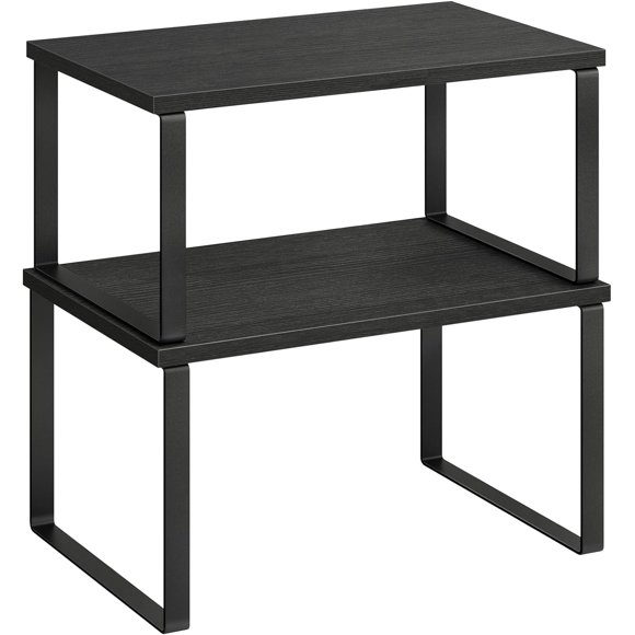 Cabinet Organizer Shelf, Set of 2 Kitchen Counter Shelves, Kitchen Storage, Spice Rack, Stackable, Expandable, Metal and Engineered Wood, Ink Black and Heather Greige UKCS020X02