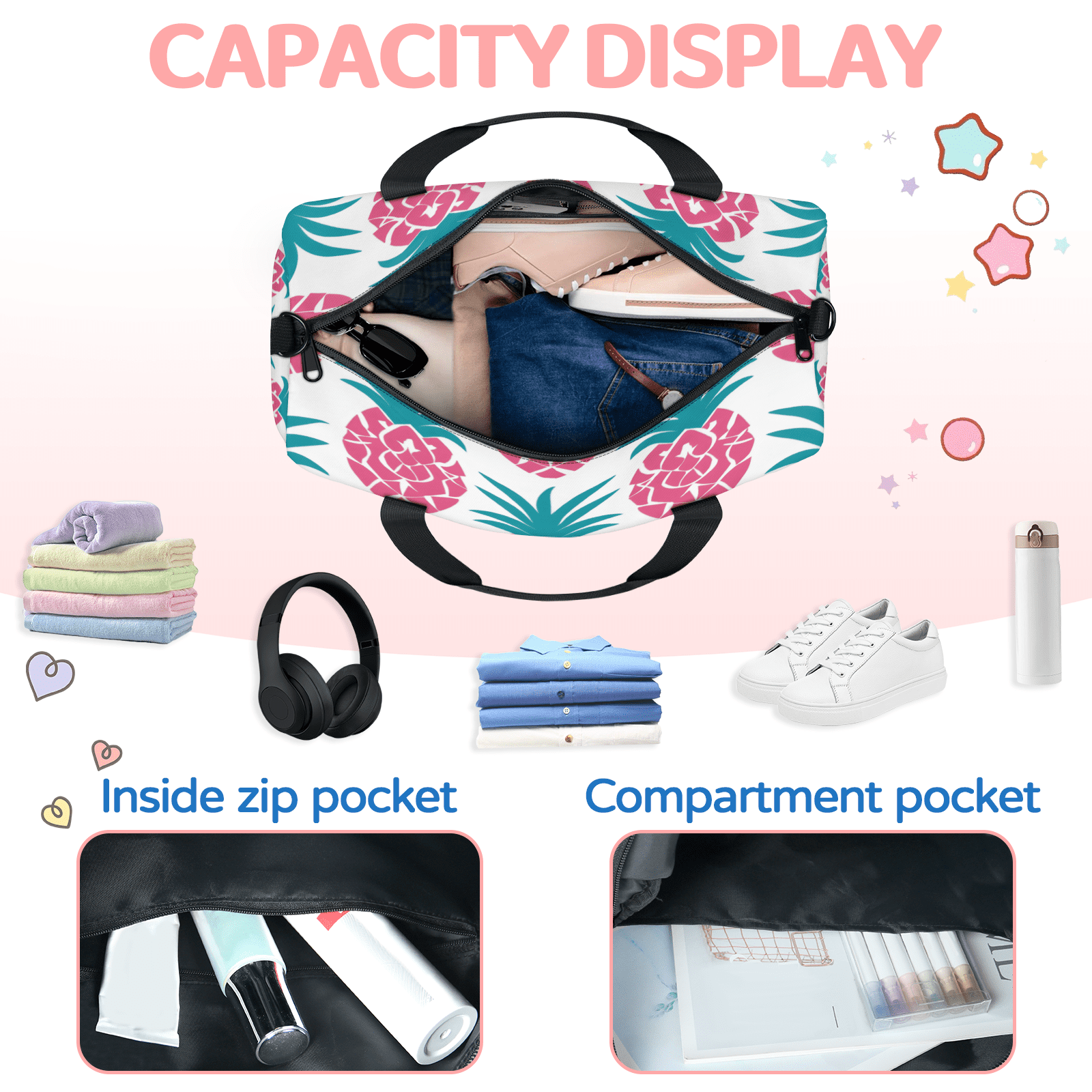 Herdesigns Pineapple Travel Duffle Bag Sports Yoga Weekender Overnight Carry on Workout Bags Lightweight Waterproof Gym Tote Bag for Women