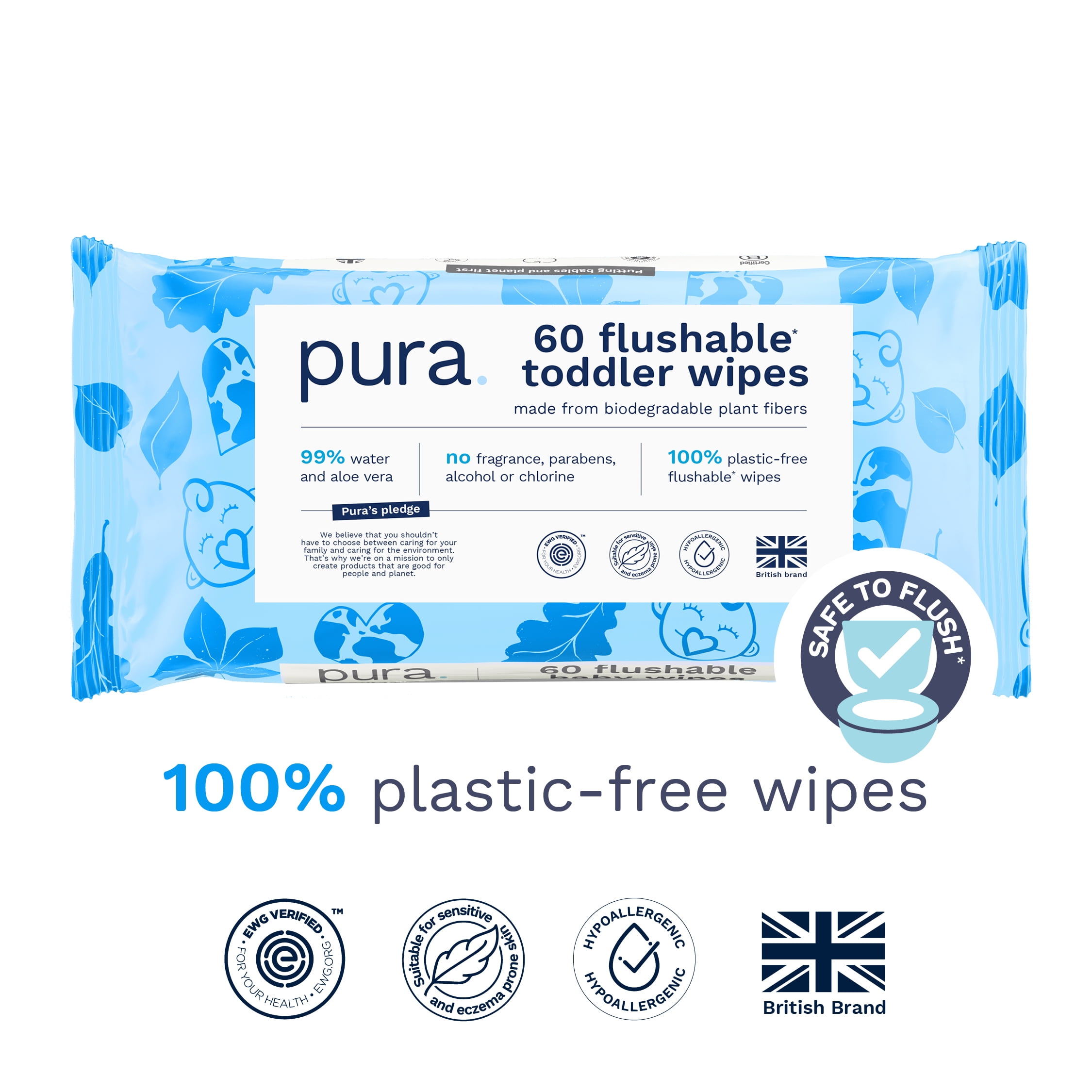 Pura Flushable Toddler Wipes Fragrance Free EWG Verified Plastic Free, 60ct (Choose Your Count)