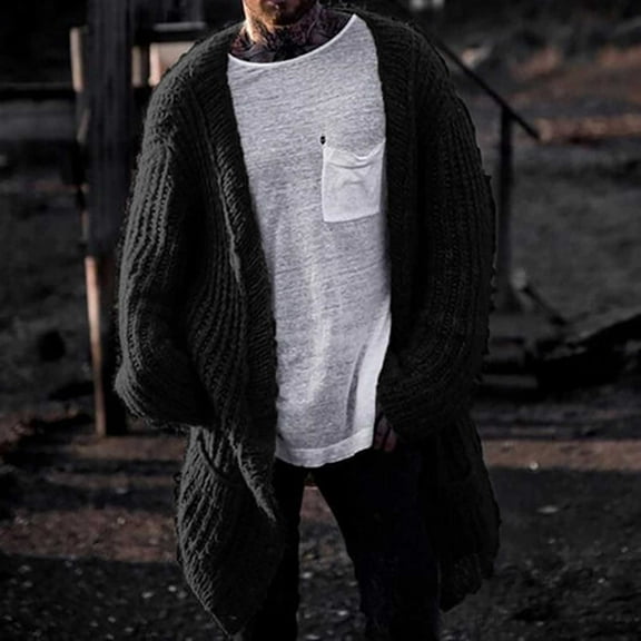 jsaierl Long Cardigan Sweaters for Men Knit Open Front Loose Fit Sweater Outwear Long Sleeve Casual Solid Sweater Jacket with Pockets