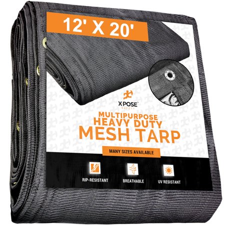 Xpose Safety Heavy Duty Mesh Tarp – 12’ x 20’ Multipurpose Black Protective Cover with Air Flow - Use for Tie Downs  Shade  Fences  Canopies  Dump Trucks – Tear Resistant