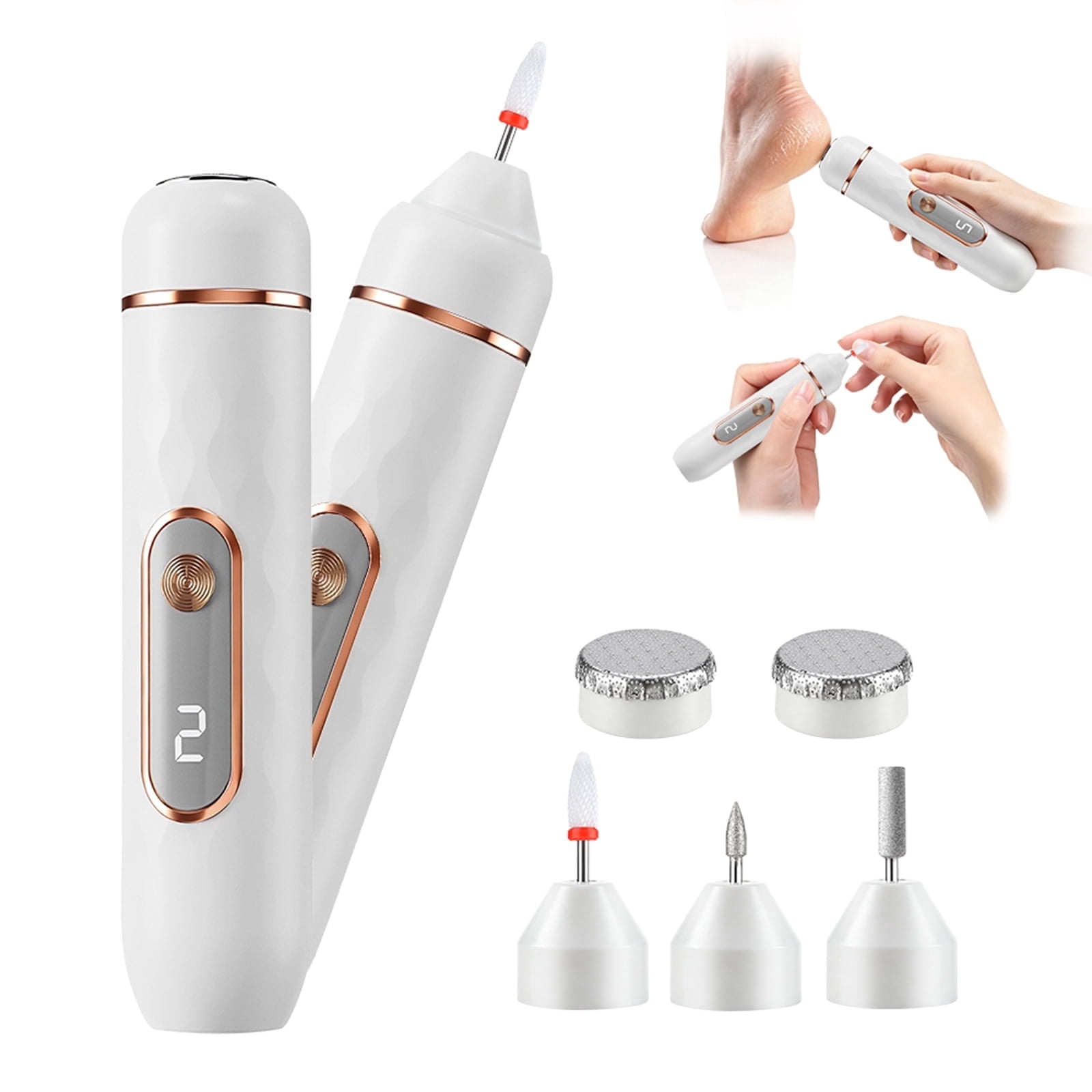 2 in 1 Electric Nail and Foot File, Rechargeable Cordless Callus Remover Pedicure Tool for Fingernails, Thick Toenails, Foot Callus, White