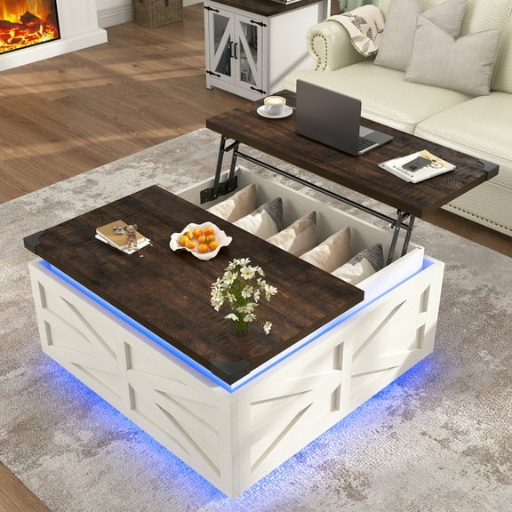 Blotout Farmhouse Lift Top Coffee Table with Storage, 35.8'' Square Wood Center Table with LED Lights, Living Room Central Table with Large Hidden Space for Living Room, Bedroom Home, Office
