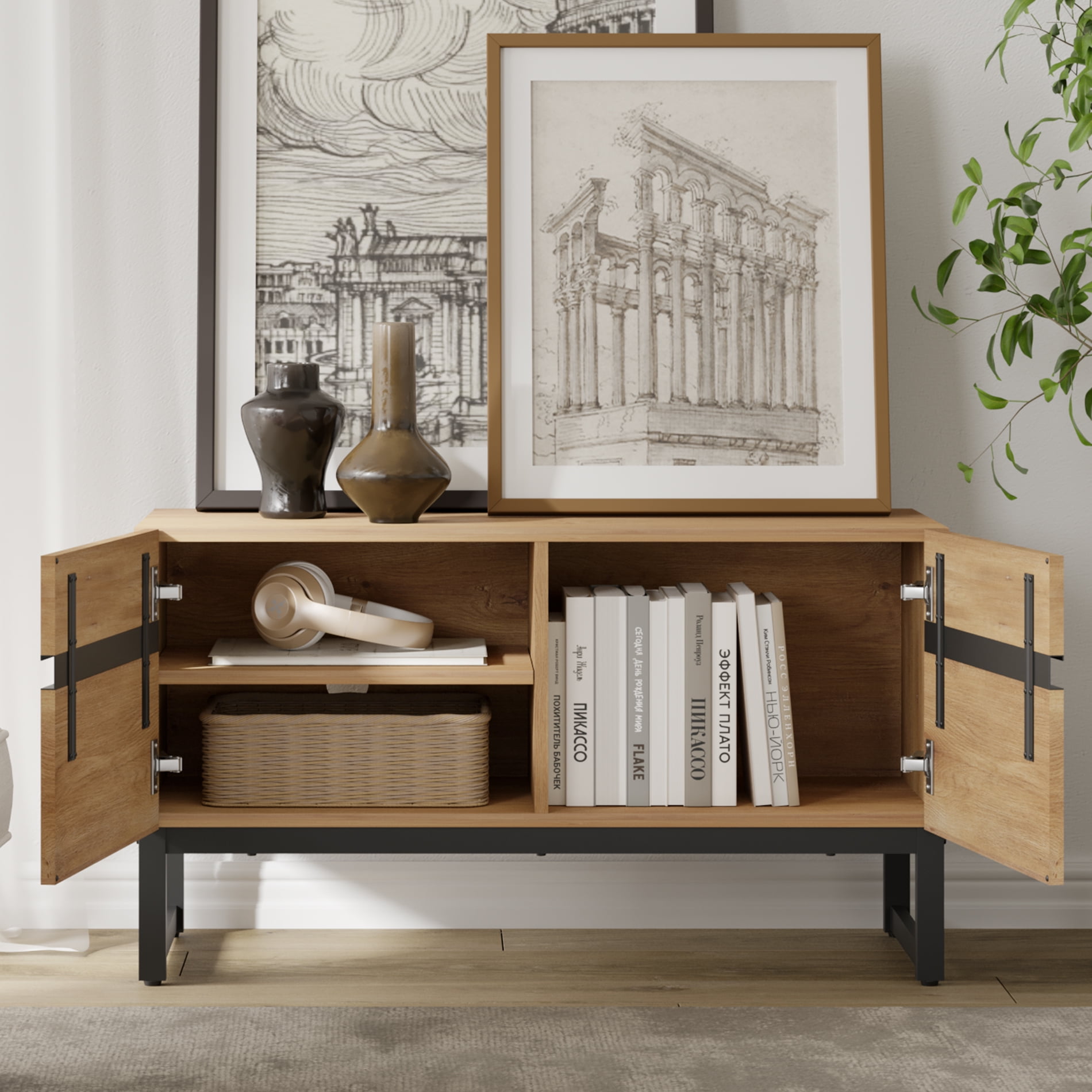WAMPAT Modern TV Stand for TVs up to 70 inch TV, 3 in 1 Entertainment Center TV Console with Storage Cabinets and Metal Base,Media Console for Living Room, Oak,71''