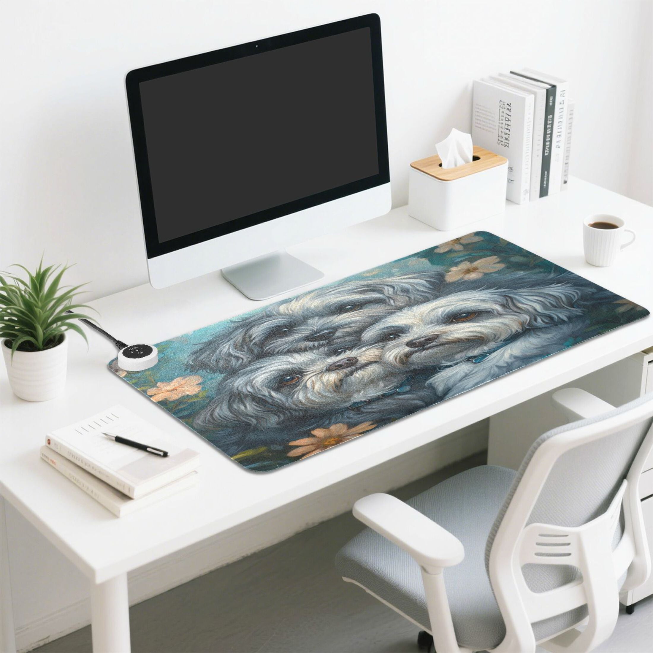 Wobogo Cute Gray Lhasa Apso Dogs Heated Mouse Pad Extra-Large Desk Mat With 3 Heating Levels and 3-hour Auto Shut-Off Protection Ideal for Computer Keyboards Home Office Hand-warming Essential 31.5in