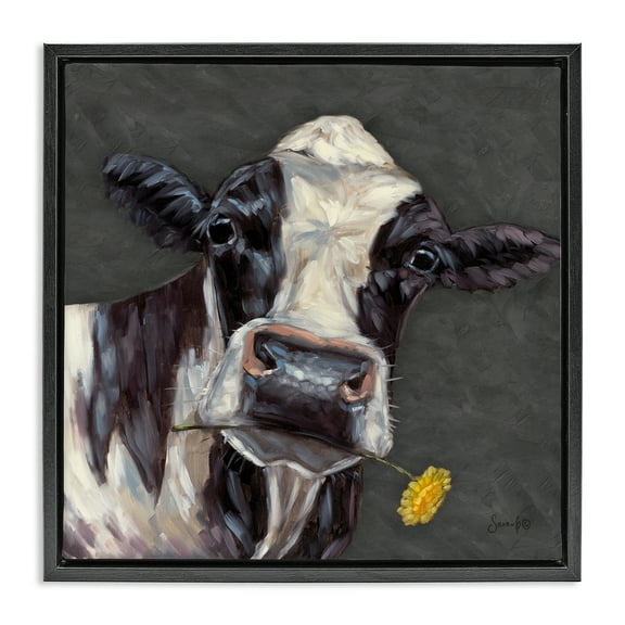 Stupell Industries Cow with Yellow Daisy Animals Painting Black Floater Framed Canvas Art Print Wall Art, 18 x 18