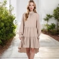 thumbnail image 3 of Women's High Neck Tiered Swing Dress with Long Sleeves- Large, Tan, 3 of 7