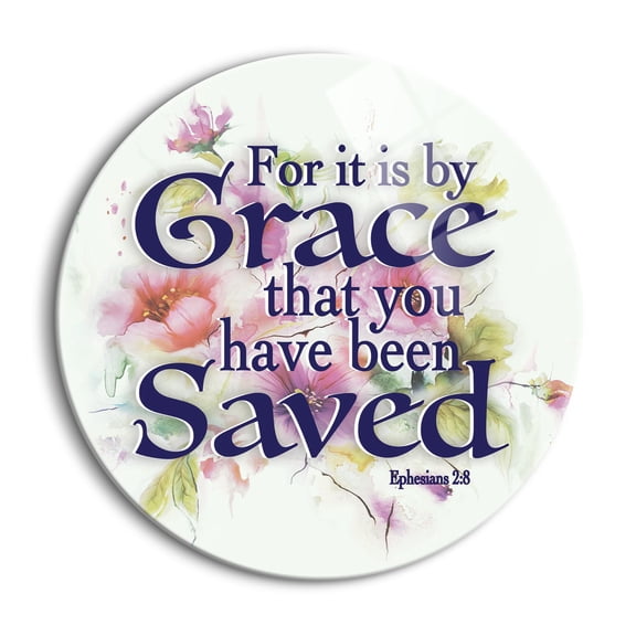 By Grace Saved Pale Mint Purple Floral 24 inch Glass Round Wall Hanging Sign