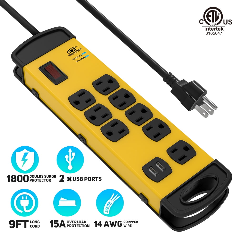 CRST 8Outlets 2USB Ports 15 Amps, Heavy Duty Surge Protector Metal