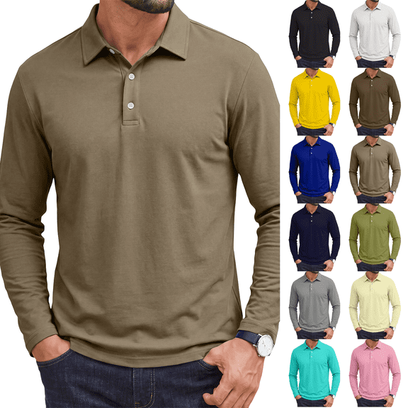 Mens Long Sleeve Polo Shirts Lightweight Quick Dry Golf Shirts Casual Collard Shirt Button Polo Tee Light Brown M