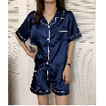 thumbnail image 3 of CROII Womens Satin Silk Pajamas Set Short Sleeve Button Down Top and Shorts Sleepwear 3 Piece Pjs Set, 3 of 3