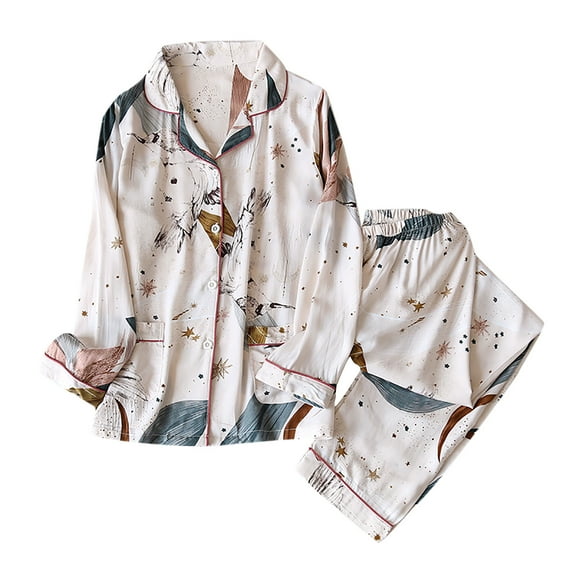 FRSASU Pajamas 2 Pieces Women's Pajamas Sets Cotton Pyjama Women's Pajamas Sleepwear Sets Spring Summer Homewear Beige M(M)