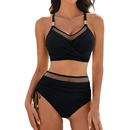 HABDGIKS Bikini Set Women Bra Racerback V Neck Solid Backless Twist Triangle Split Swimsuit