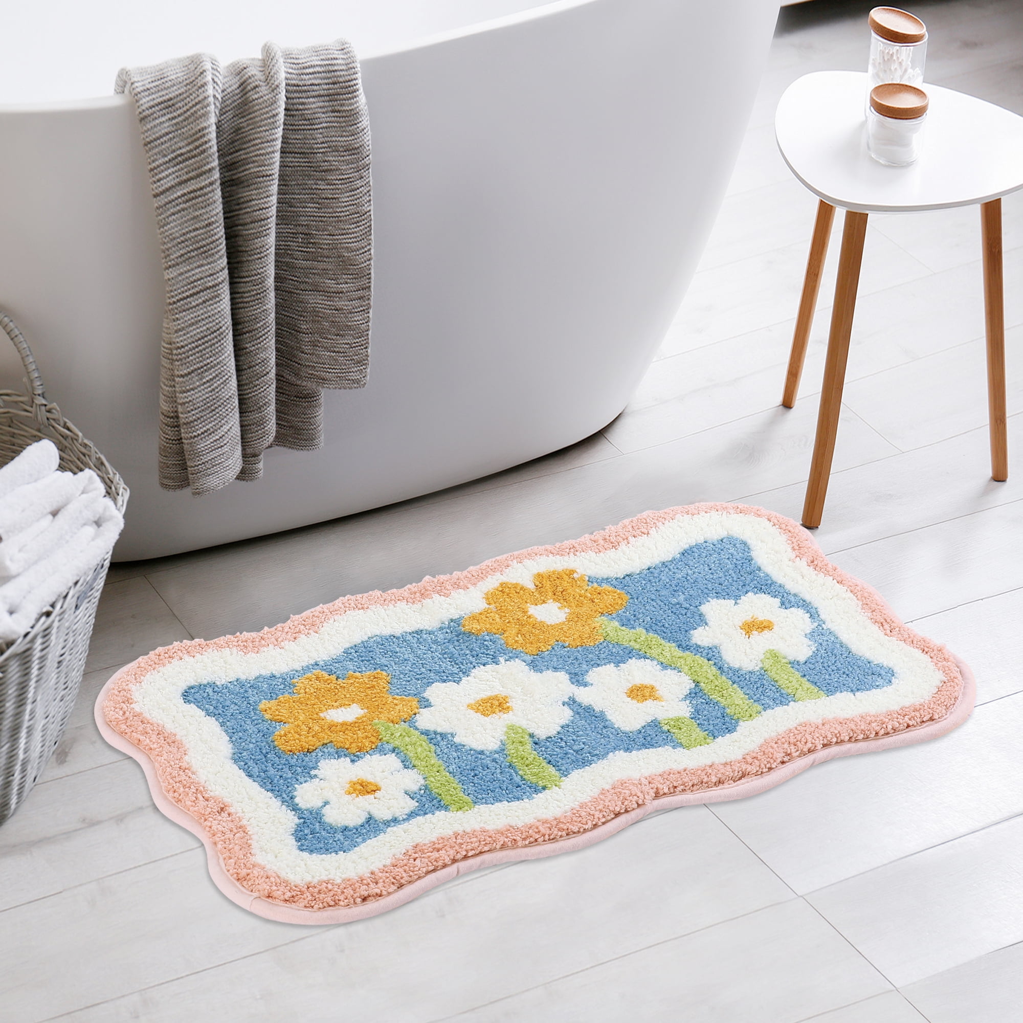 Unique Bargains 2 Pcs Non-Slip Quick Dry Bath Rugs Flower-2/Leaves-3 20" x 32"