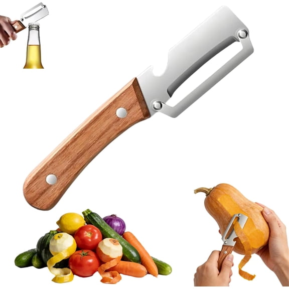 Multi-Functional Vegetable Peeler for Kitchen, Stainless Steel Sharp Blades Carrot Potato Peeler with Wooden Handle and Bottle Opener Kitchen Tool for Fruit Veggie Pumpkin Papaya Zucchini
